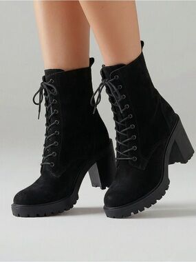 Free People Black Lace Up Boots with Chunky
 Leather Upper Size 9